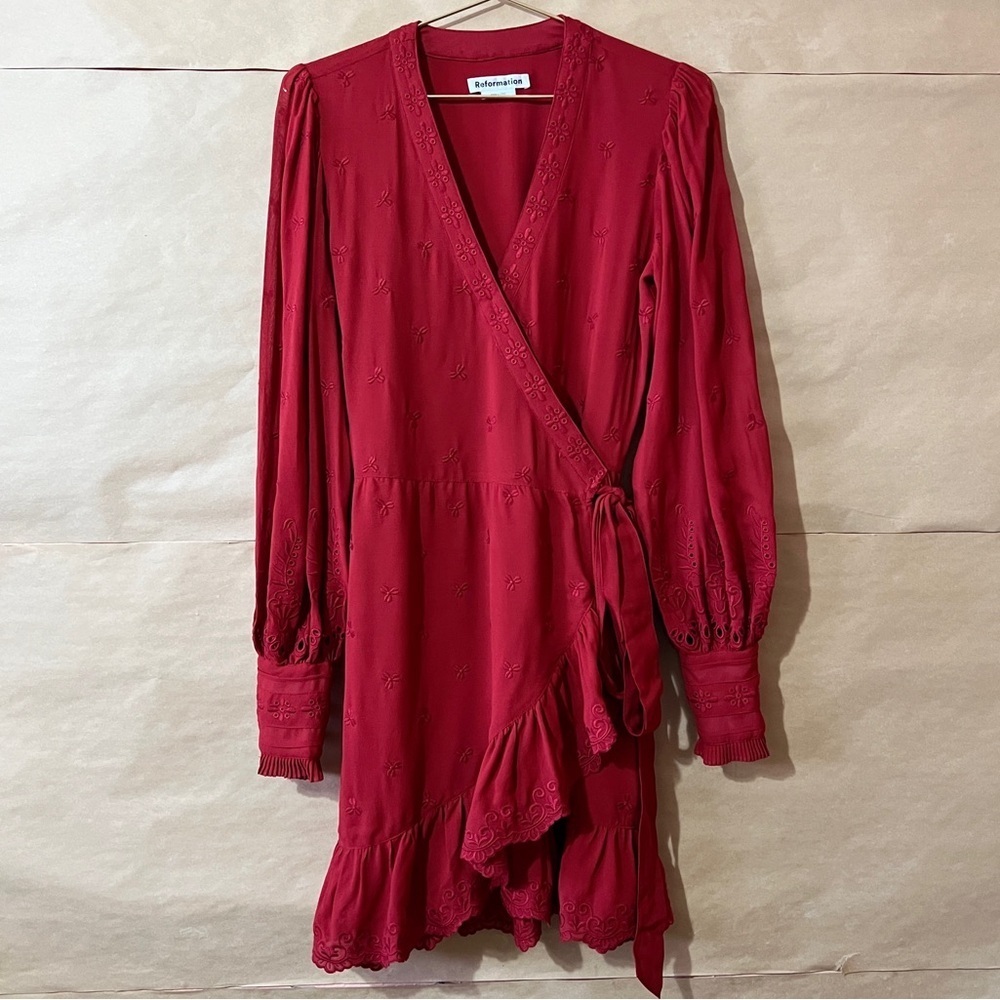 Reformation | Clare Wrap Dress Embroidered Lace Mini Dress Crimson Red Size XS